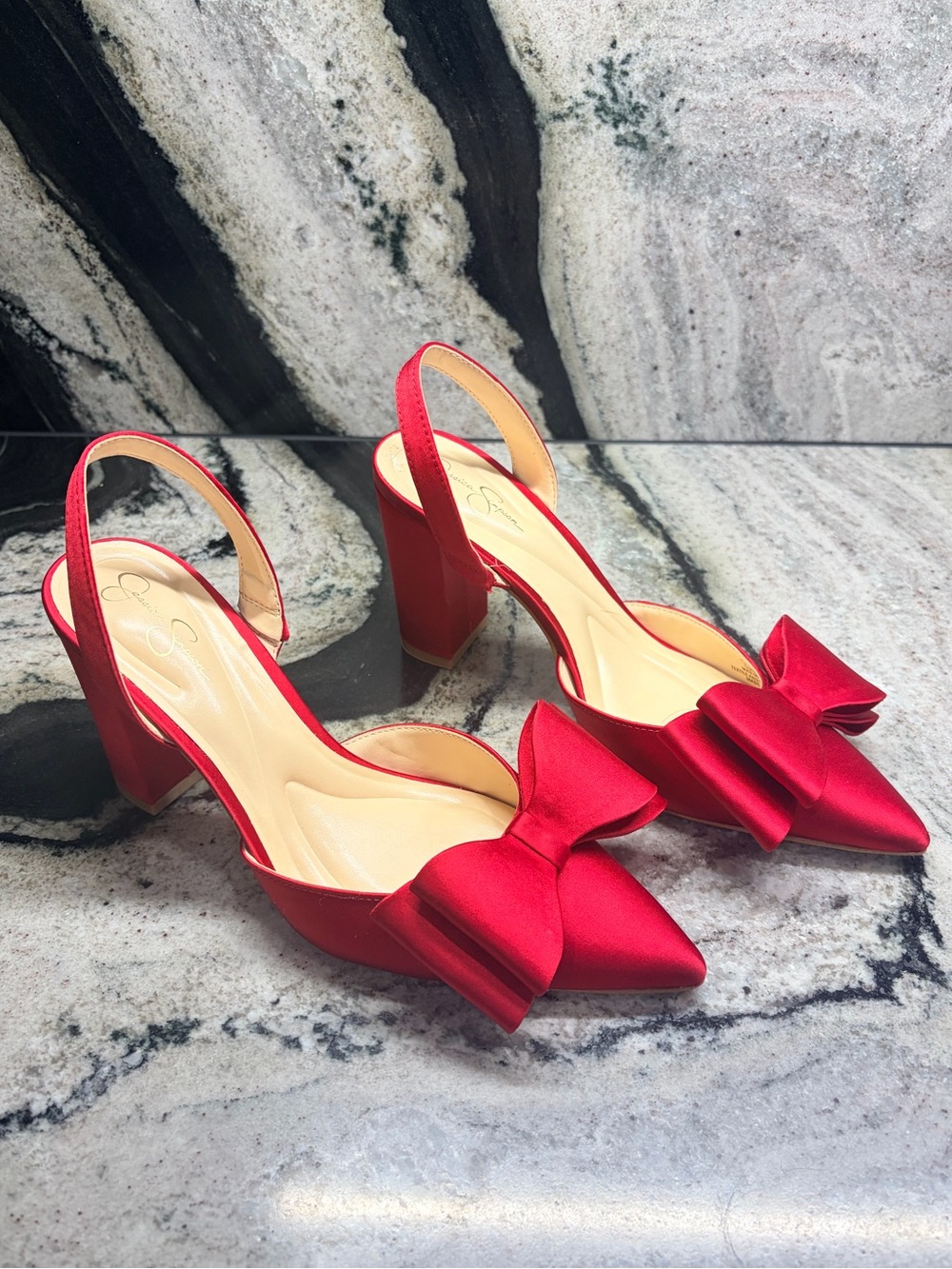 Jessica Simpson Red Satin Bow Slingback Heels Women’s 7.5 Pointed Toe